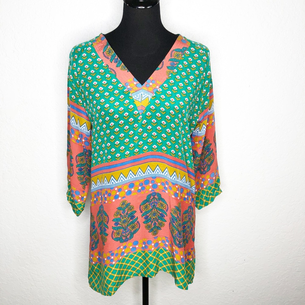 Tolani Women XS Silk Tunic Top Boho Floral Geometric V-Neck 3/4 Sleeve Multi